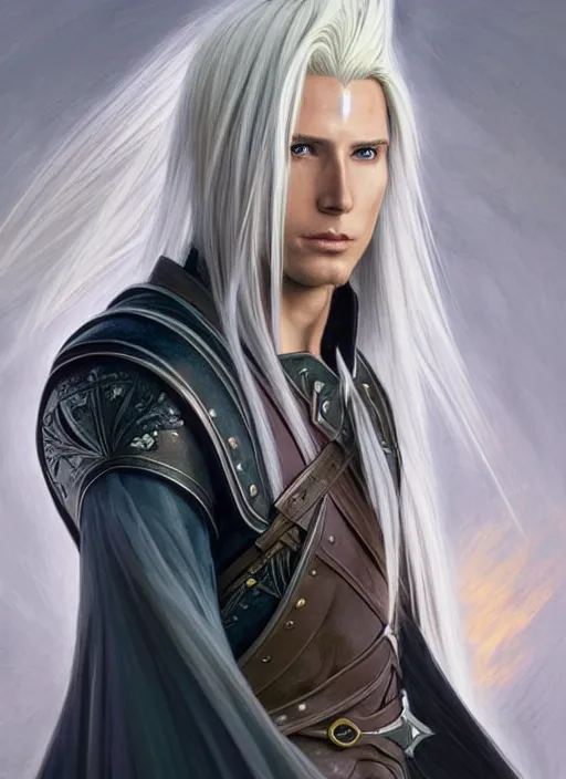 Image similar to centered portrait, Sephiroth as a male D&D Ranger, blonde hair, Art Nouveau, beautiful retro Fantasy heroine 1985, intricate, elegant, highly detailed, centered, digital painting, trending on artstation, concept art, smooth, sharp focus, illustration, art by raphael lacoste, eddie mendoza, Mucha, alex ross, WLOP