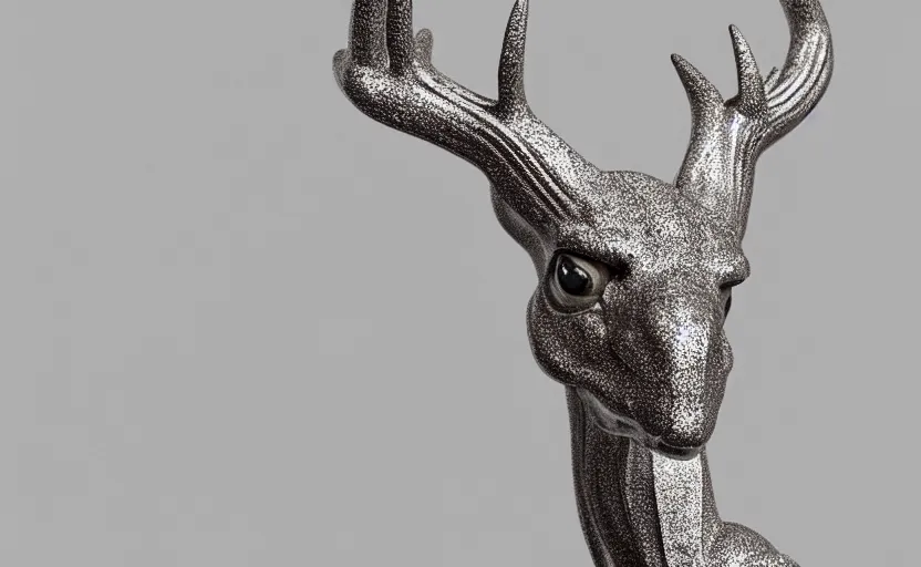 Image similar to stylized shiny polished silver statue full body extra limbs bizarre cosmic horror quadruped animal deer skull four legs made of marble of slug creature tendrils, perfect symmetrical body, perfect symmetrical face, hyper realistic, hyper detailed, by johannen voss, by michelangelo, octane render, blender, 8 k, displayed in pure white studio room