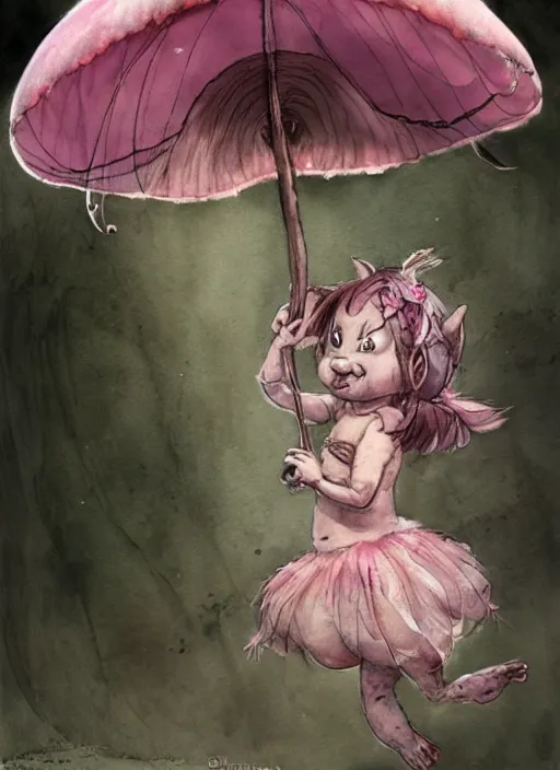 Image similar to A fat goblin princess with a tattered pink tutu, mushroom umbrella, watercolor, dramatic lighting, cinematic, establishing shot, extremely high detail, foto realistic, cinematic lighting, pen and ink, intricate line drawings, by Yoshitaka Amano, Ruan Jia, Kentaro Miura, Artgerm, post processed, concept art, artstation, matte painting, style by eddie mendoza, raphael lacoste, alex ross,