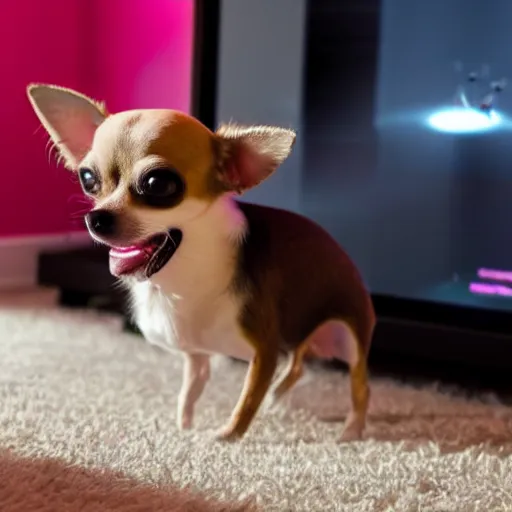 Prompt: Chihuahua raging while playing video games in his room