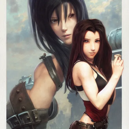 Prompt: a painting of tifa lockhart and aerith gainsborough from final fantasy 7, the midgard steam punk city as backdrop, by greg rutkowski, artgerm, wlop, ruan jia, krenz cushart, alphonse mucha, rain, unreal engine 5