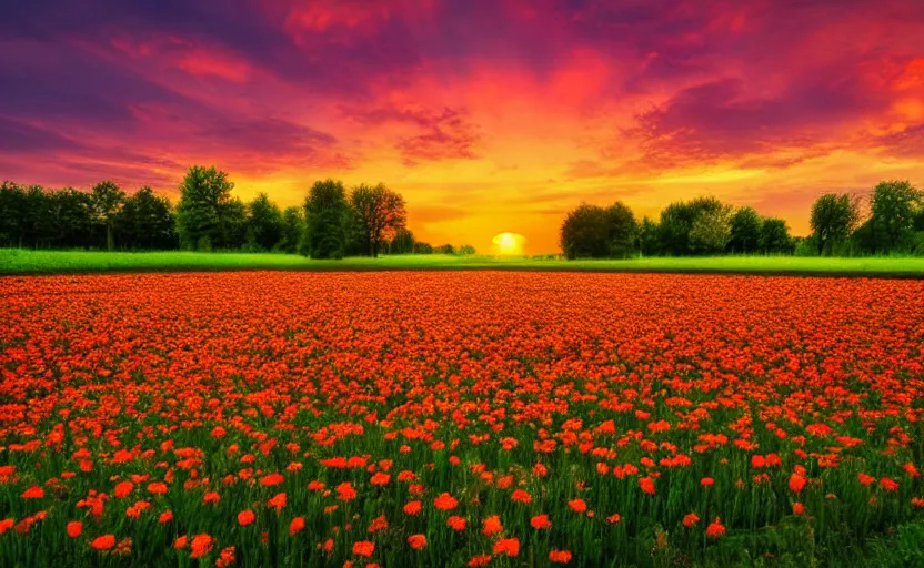 Image similar to a beautiful landscape in the netherlands with a flower field at sunset, in the style of peter graham