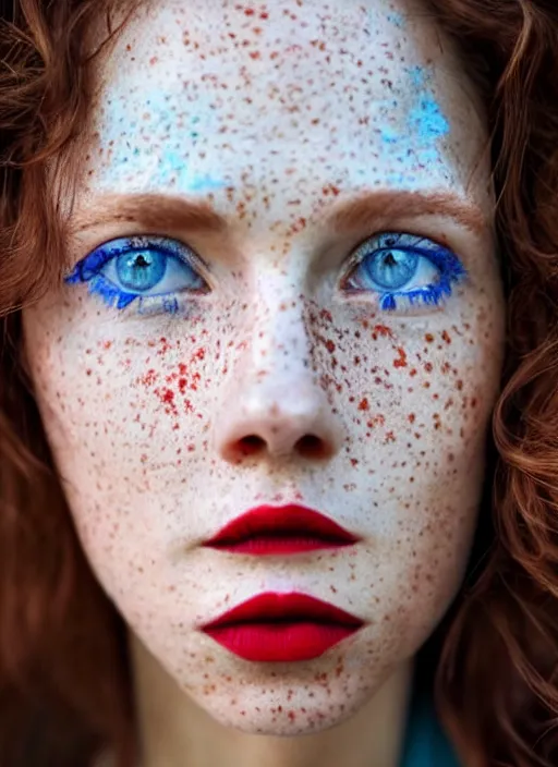 Image similar to close up photo of the left side of the face of a woman with blue eyes and wavy long red-brown hair, red detailed lips and freckles who looks directly at the camera. Slightly open mouth. Whole head visible and covers half of the frame, with a park visible in the background. 135mm nikon. Intricate. Very detailed 8k. Sharp. Cinematic post-processing. Unreal engine. Nanite. Ray tracing. Parallax. Tessellation