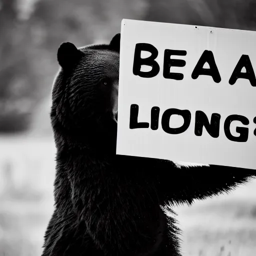 Image similar to bear holding a sign that says bear, 5 0 mm lens, bokeh, good lighting