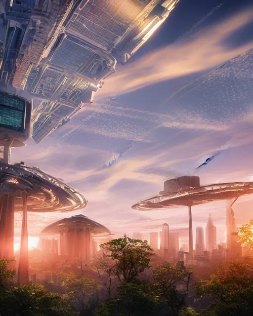 Image similar to photo of sunrise over a beautiful solarpunk city, many trees, dramatic lighting, romantic, sci-fi, futuristic, hyper realistic, architecture