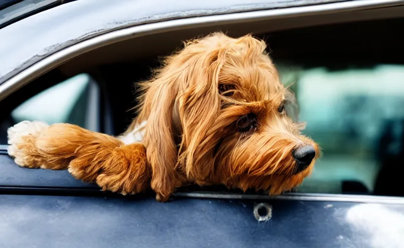 Prompt: a dog sitting in a car, looking out of the window and his hair is flying in the wind, 8 k