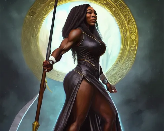 mindblowing, serena williams as a female wizard, black wizard hat, robes,  deep focus, d & d, fantasy, intricate, elegant!!, beautiful, highly  detailed, digital painting, artstation, concept art, matte, sharp,  illustration, hearthstone, art