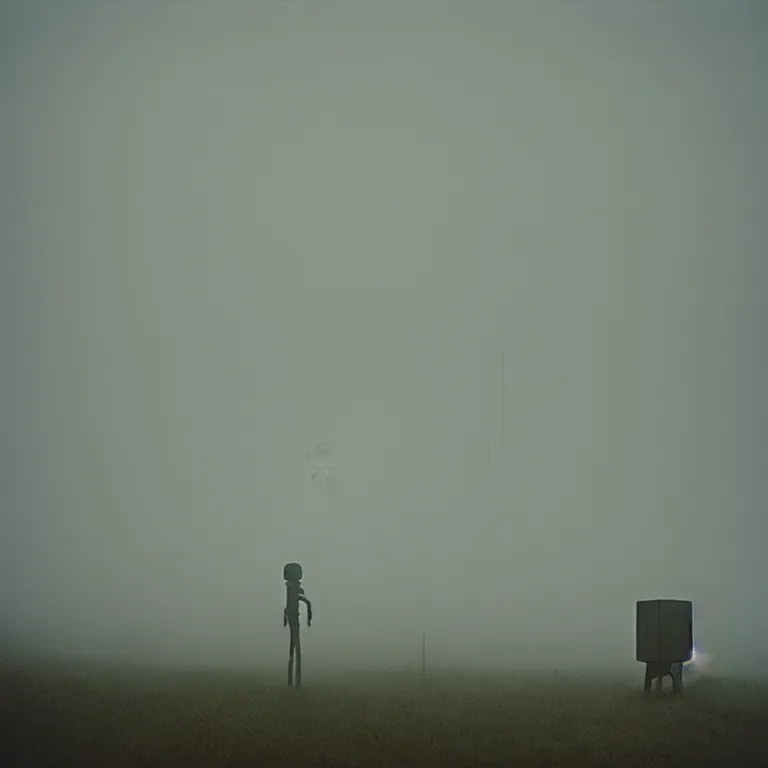 Image similar to the tall thin liminal observer droid by dennis mejillones, in a brutalist yet rural landscape by simon stalenhag, 3 5 mm film photography, dawn, eerie fog