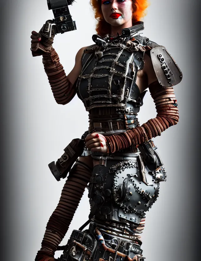 Image similar to full length photograph of a real - life very beautiful atompunk warrior. extremely detailed. dslr. 8 5 mm.