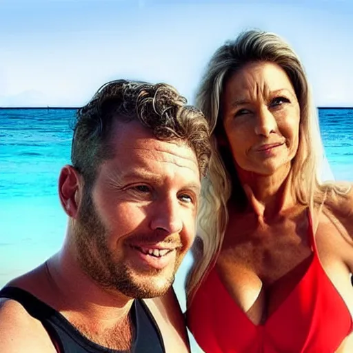 Image similar to photo of a 3 5 year old man that looks young for his age dating a very attractive 5 5 year old woman wearing with short blondish hair wearing a bikini.