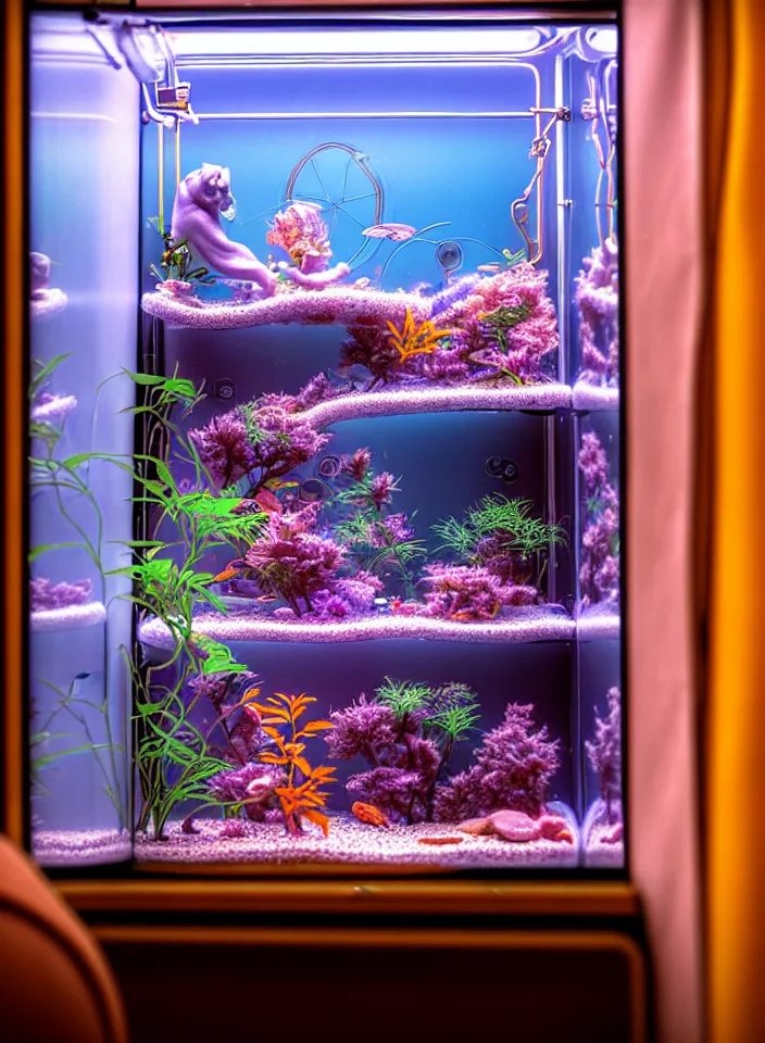 Image similar to telephoto 7 0 mm f / 2. 8 iso 2 0 0 photograph depicting the feeling of chrysalism in a cosy safe cluttered french sci - fi ( ( art nouveau ) ) cyberpunk apartment in a pastel dreamstate art cinema style. ( tiger ) ( ( fish tank ) ), ambient light.