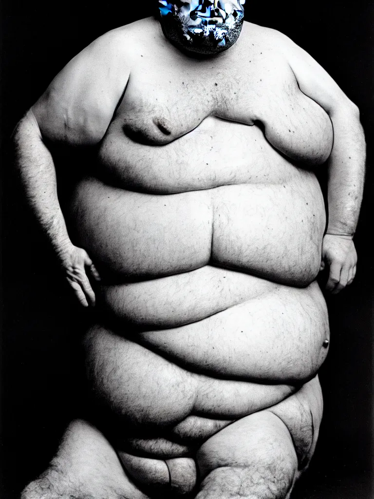 Image similar to a portrait photograph of an extremely obese donald trump wearing a skimpy bikini, his body is covered in boils, gargantuan warts and skintags. perfect focus and detail, in style of david bailey for playgirl.