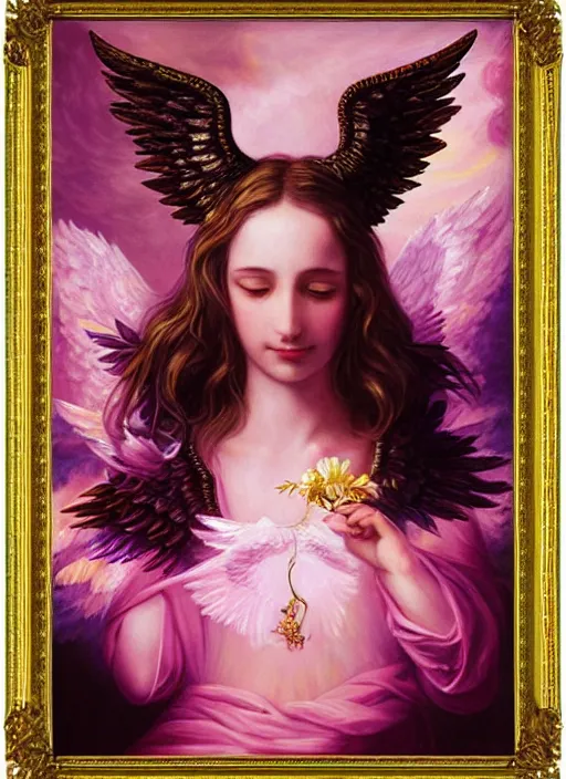 Prompt: full body oil painting of smoking wolf wearing pink shirt, in the style of sophie anderson, angel wings, angelic golden armor, dramatic painting, symmetrical composition, ornate, high detail, gold detailed collar, blooming, lights, flowers,