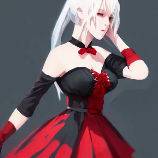 Prompt: card art of a girl with white hair wearing a black and red maid dress, black and red maid dress, Cushart Krenz, very detailed, realistic face, detailed face, matte, tonemapping, bbwchan, perfection, 4K, Cushart Krenz