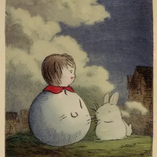 Image similar to candid portrait of white ball in the sky with face smiling eyes closed, surrounded by clouds, illustrated by peggy fortnum and beatrix potter and sir john tenniel
