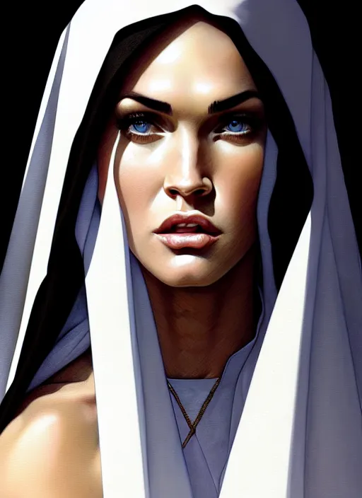Image similar to portrait of megan fox as a nun, catholic, church, bible, christian, intricate, headshot, highly detailed, digital painting, artstation, concept art, sharp focus, cinematic lighting, illustration, art by artgerm and greg rutkowski, alphonse mucha, cgsociety