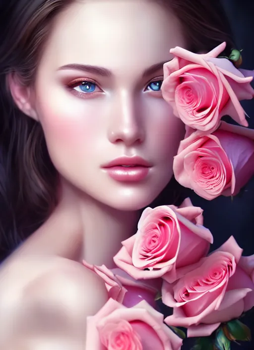 Image similar to a gorgeous female photo, professionally retouched, soft lighting, holding a bouquet of roses, realistic, smooth face, perfect eyes, wide angle, sharp focus on eyes, 8 k high definition, insanely detailed, intricate, elegant, art by artgerm and wlop