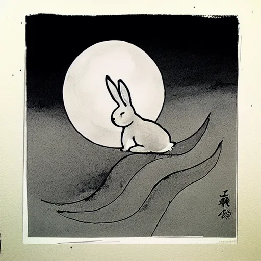 Image similar to zen, moon and rabbit, ink