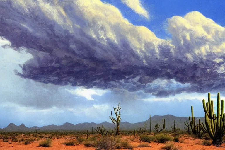 Prompt: a stormy monsoon rainstorm in the arizona desert, the sonoran desert landscape is filled with mesquite trees, agave, creosote, saguaro, prickly pear cactus, water puddles, beautiful cloudy deep blue sky, by georgia o'keeffe and thomas kinkade and quentin mabille and geoffroy thoorens, trending on artstation