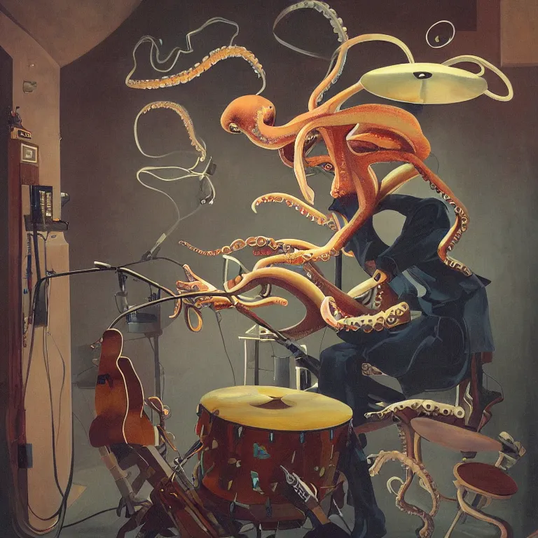 Prompt: a beautiful painting by etam cru of an octopus playing drums and telecaster guitar in an electronic concert, dark background, concert light, dark mood, warm lights