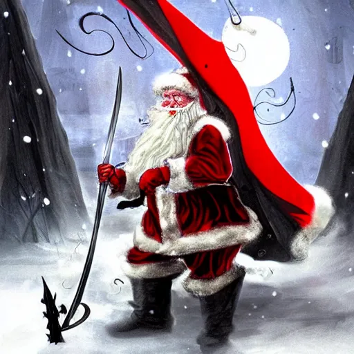 Prompt: Santa Claus fighting against sauron in lord of the rings, digital art, grim atmosphere