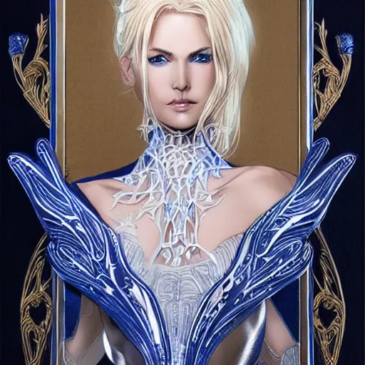 Image similar to Portrait of a tall blonde blue-eyed elf woman with white hair, wearing stylish white and gold clothes, intricate, elegant, highly detailed, smooth, sharp focus, detailed face, high contrast, dramatic lighting, graphic novel, art by Ardian Syaf and Pepe Larraz,