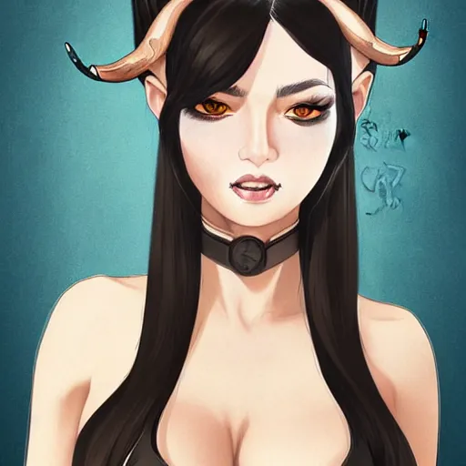 Image similar to illustrated realistic portrait of prong-horned devil woman with blue bob hairstyle and her tan colored skin and with solid black eyes wearing leather by rossdraws