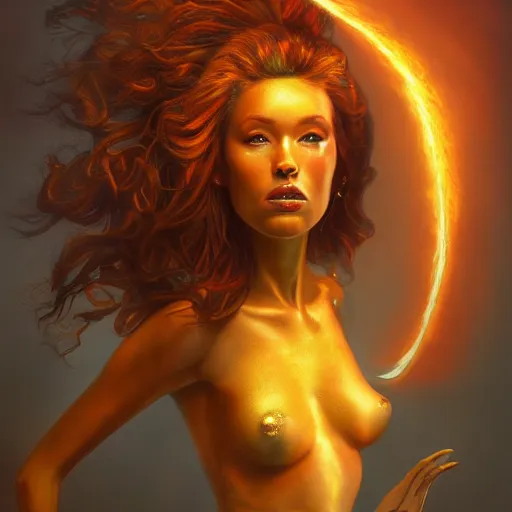 Prompt: A stunning portrait of a goddess, her body made of flames, by Jim Burns, 8K UHD, fantasy, Trending on artstation.