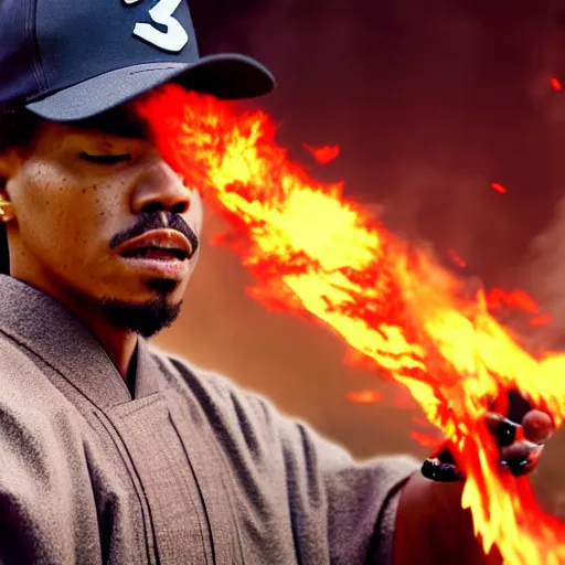 Image similar to cinematic film still of Chance The Rapper starring as a Samurai holding fire, Japanese CGI, VFX, 2022, 40mm lens, shallow depth of field, film photography