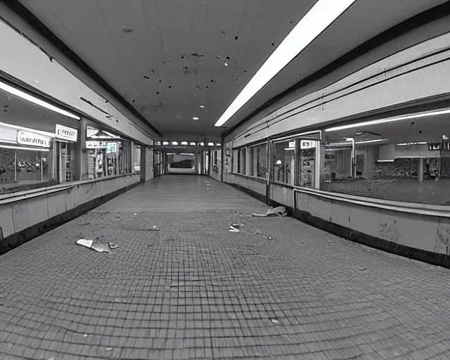 Prompt: camera footage of an abandoned shopping mall overtaken by spiders, high exposure, dark, monochrome, camera, grainy, CCTV, security camera footage, timestamp, zoomed in, fish-eye lense, spiders, webs