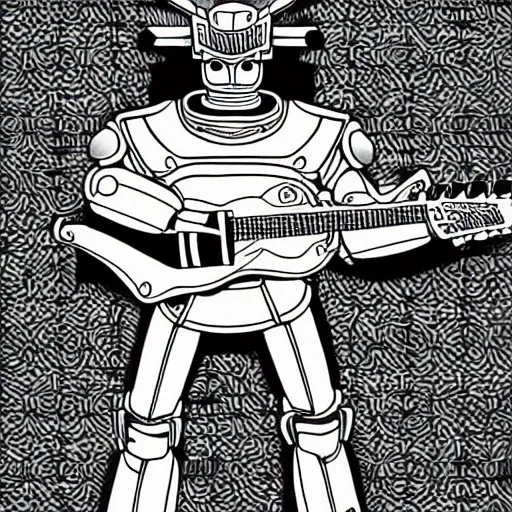 Prompt: samurai robot playing guitar. Anime. Detailed linework. chsociety