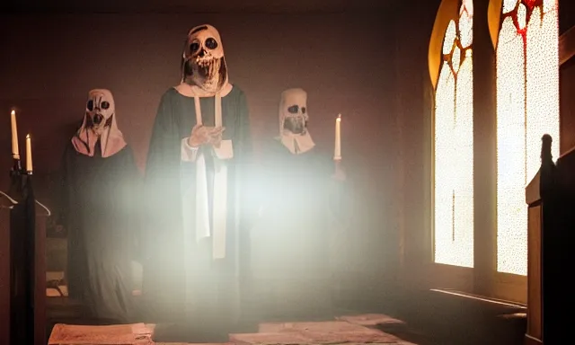 Image similar to a cultist ceremony, cultists with robes and masks, church interior, satanic church interior, the fog. horror lighting, found footage