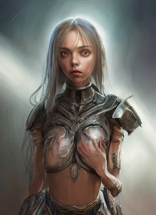 Image similar to a professional painting of a beautiful young female alien, clothed in ethereal armor, olive skin, long dark hair, beautiful bone structure, symmetrical facial features, intricate, elegant, digital painting, concept art, smooth, sharp focus, illustration, from Valerian and the City of a Thousand Planets, by Ruan Jia and Mandy Jurgens and Artgerm and William-Adolphe Bouguerea