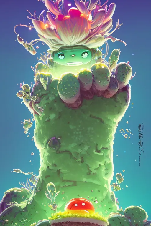 Image similar to roots cactus sushi cristal smurf ghost creature animal sushi cristal very big eye roots cactus elemental flush of force nature micro world fluo fishscale, behance hd by jesper ejsing, by rhads, makoto shinkai and lois van baarle, ilya kuvshinov, rossdraws radiating a glowing aura global illumination ray tracing hdr