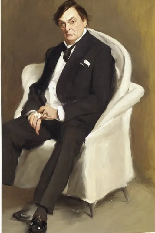 Prompt: “portrait of Barry Humphries, dressed in beautifully tailored clothes, seated, by John Singer Sargent”