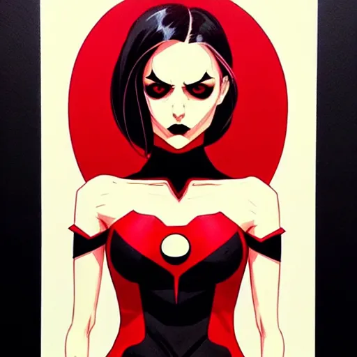 Image similar to rafael albuquerque comic art, peter mohrbacher, phil noto, artgerm, pretty evil elizabeth olson demon, black and red dress, symmetrical eyes