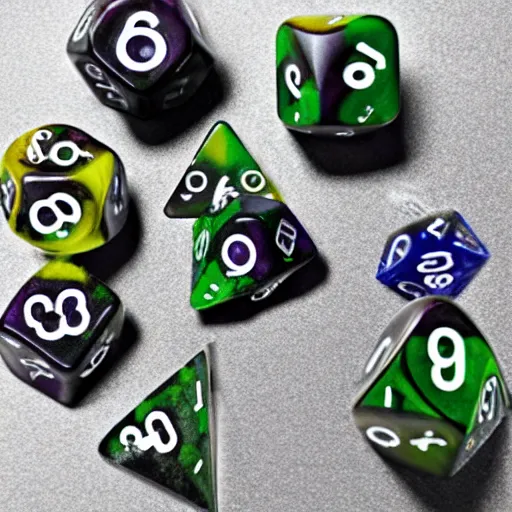 Prompt: a set of dungeons and dragons dice made of bone