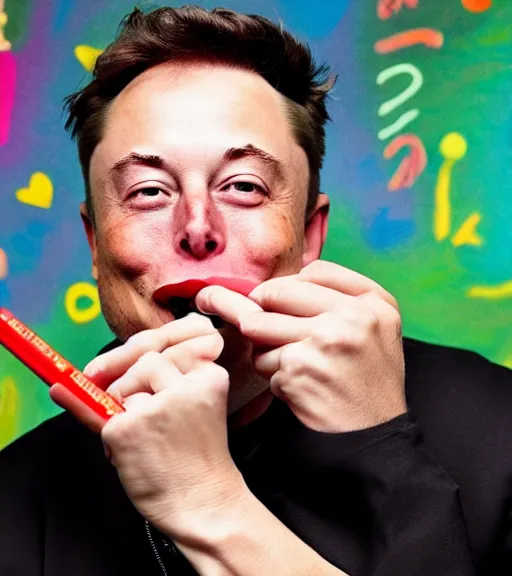 Image similar to an award winning photo of elon musk eating!! crayons!!!!!!, crayons!!!!!, 4 k, high quality