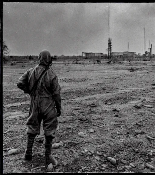 Prompt: man in chemical suit and gasmask at distance in chernobyl, ww1 film photo, grainy, high detail, high resolution