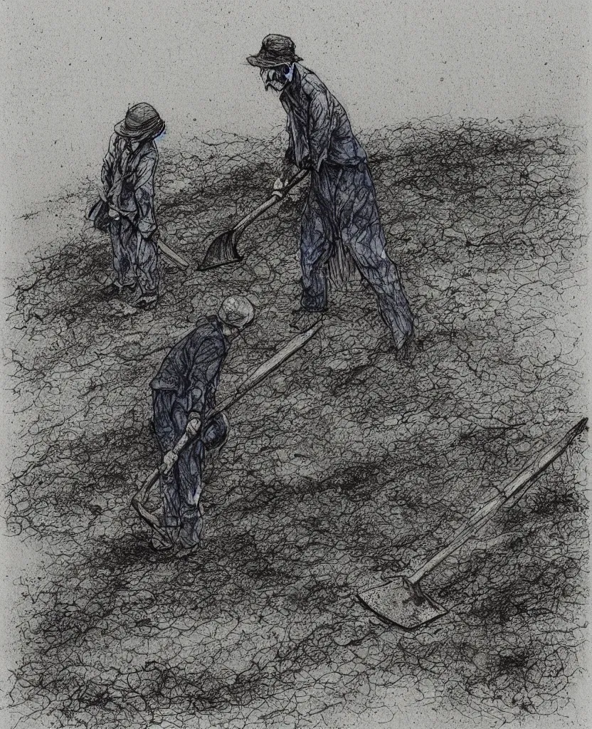 Image similar to a man with a shovel standing digging up a grave with a dead body in it, subtle blue, orange, and dark green tones, high quality, high detail, dark colors, sinister atmosphere, dramatic lighting, cinematic, establishing shot, extremely high detail, photo realistic, cinematic lighting, pen and ink, intricate line drawings, by Yoshitaka Amano, Ruan Jia, Kentaro Miura, Artgerm, post processed, concept art, artstation, matte painting, style by eddie mendoza, raphael lacoste, alex ross