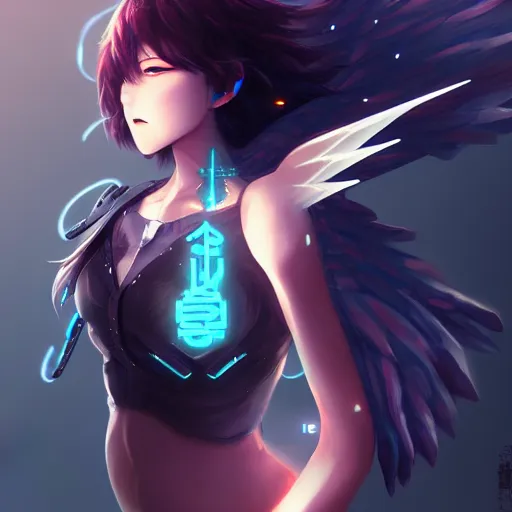 Prompt: beautiful cinematic female cyborg angel falling apart , fantasy magic, short aqua blue black fade hair, dark light night, highly detailed, advanced digital anime art, concept art, wlop rossdraws Sakimimichan