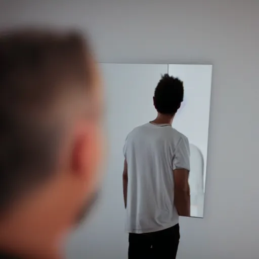 Image similar to A man looking at himself in the mirror, with the reflection being a ghost