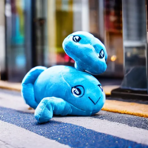 Image similar to blue'snappy gifts'plush doll, on sidewalk, handing out gifts, happy atmosphere, high detail, soft lighting, 8 k