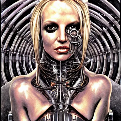 Prompt: britney spears encased in biomechanical machine, heavy conduits, complex scene, rich composition, heavy in detail, evil, corruption, decay, grime, smooth, sharp focus, airbrush, illustration, symmetrical, portrait, art by h. r. giger