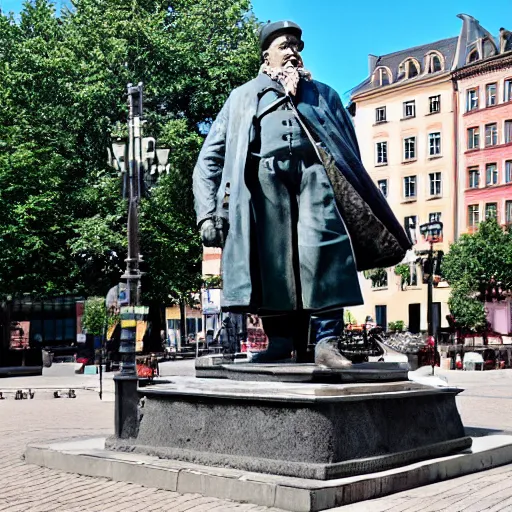 Prompt: a statue of otto von bismarck in the middle of a city square in america.