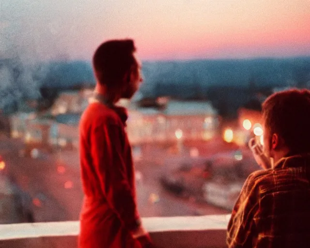 Image similar to lomo photo of pair standing on small hrushevka balcony full with cigarette smoke in small russian town looking at sunset, cinestill, bokeh