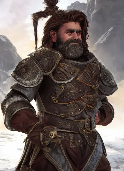 Image similar to A fantasy comic book style portrait painting of a male dwarf ranger in leather armor, unreal 5, DAZ, hyperrealistic, octane render, cosplay, RPG portrait, dynamic lighting