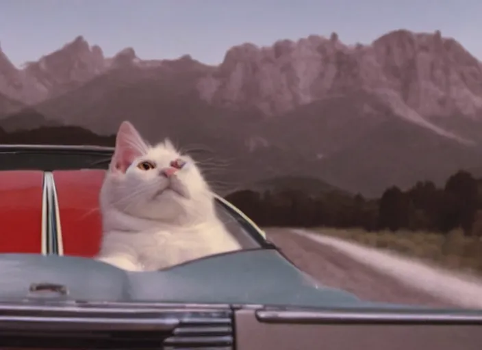 Image similar to A very high resolution image from a new movie, a cat driving a car around, inside of a car , mountains, Polaroid, directed by wes anderson