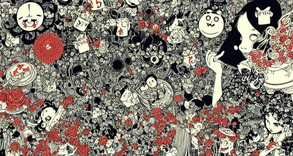 Prompt: alice in wonderland still frame by yuko shimizu, tee party by yuko shimizu