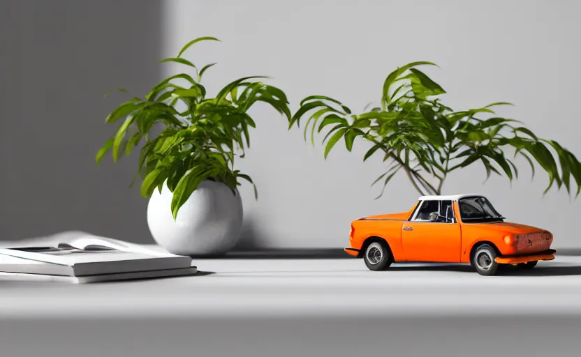 Image similar to a small miniature of a orange Toyota TE27 on a white table near a book and a vase with a plant, hyperrealistic, concept art, octane render, unreal engine 5, path tracing, complementary colors, calm, relaxing, serene, product photo, centered, symmetrical